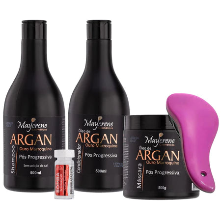 Kit de Tratamento Pós Progressiva Óleo de Argan Shampoo,Condicionador,Máscara Sem Sal Escova Magica